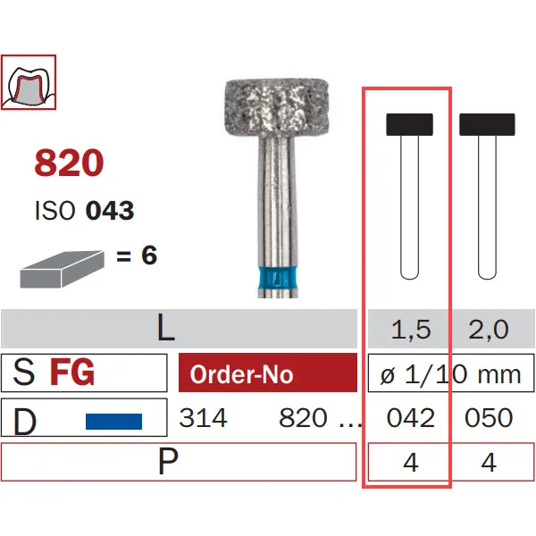 Diamond Bur, FG 042, Medium, Wheel ISO #043