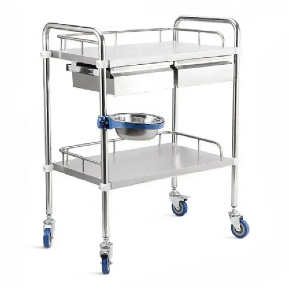 Medical Stainless Steel Trolley, With Drawers and Basin, 2 Shelves