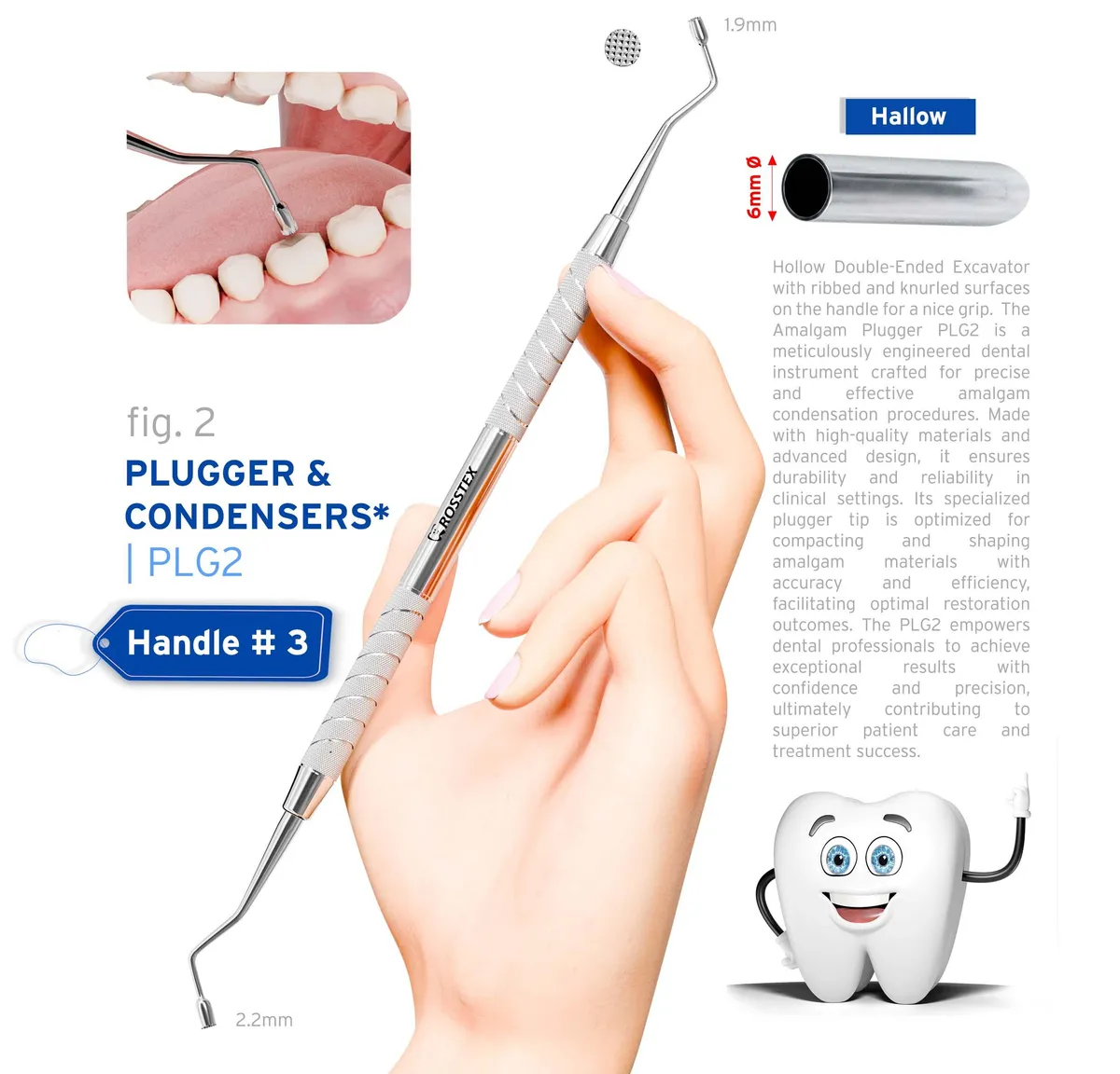 Dental Plugger/Condenser 2, Serrated, 1.9mm–2.2mm, Handle No. 3
