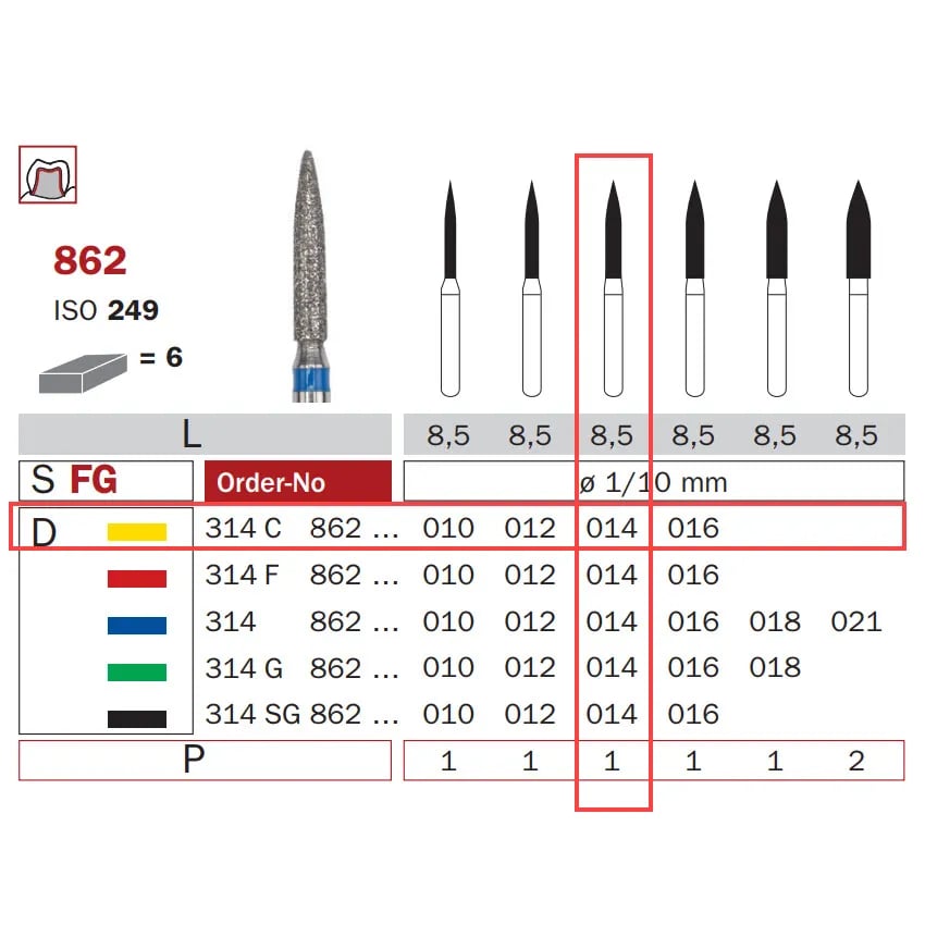 Diamond Bur, FG 014, X-Fine, Flame ISO #249