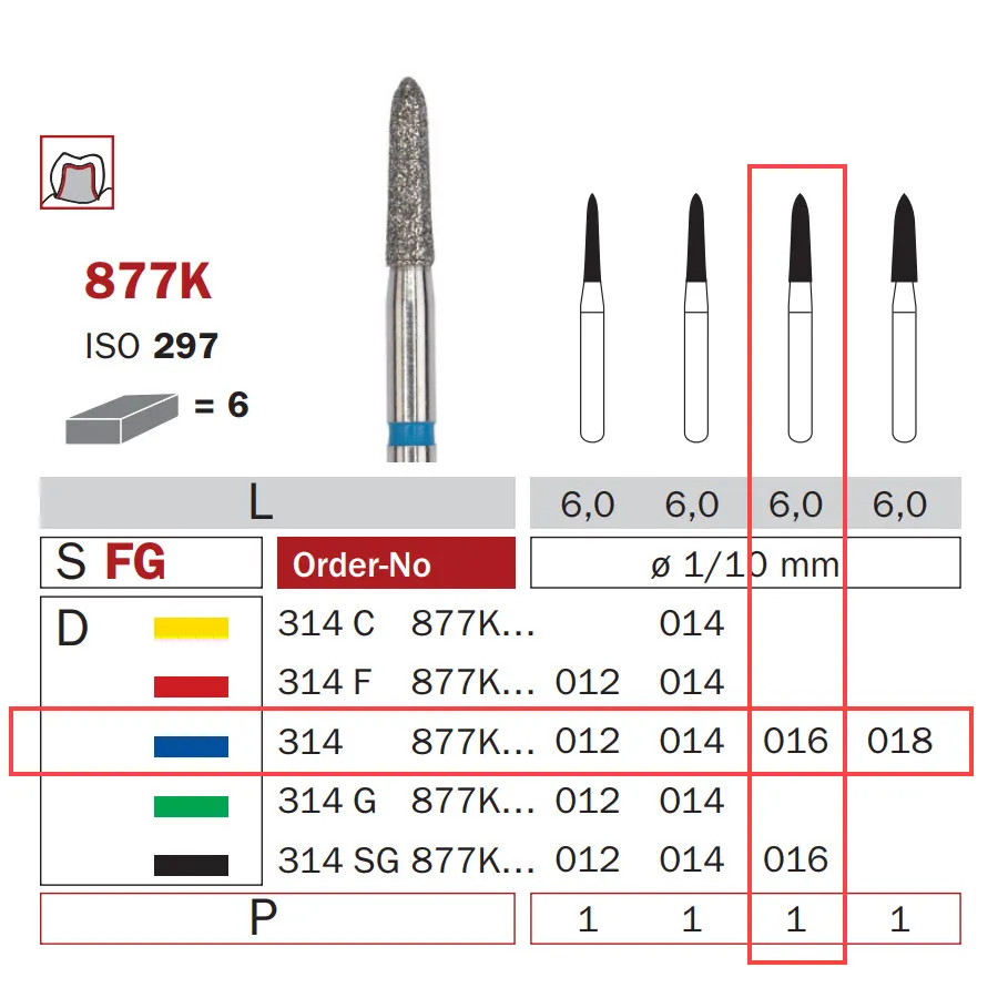 Diamond Bur, FG 016, Medium, Torpedo ISO #297
