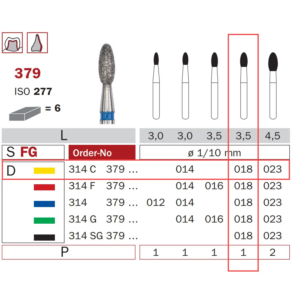 Diamond Bur, FG 018, X-Fine, Oval ISO #277
