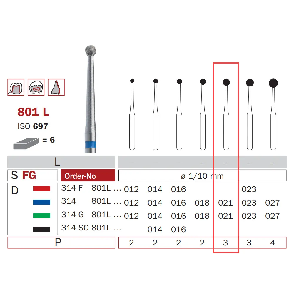 Diamond Bur, FG 021, Medium, Long Neck Round ISO #697
