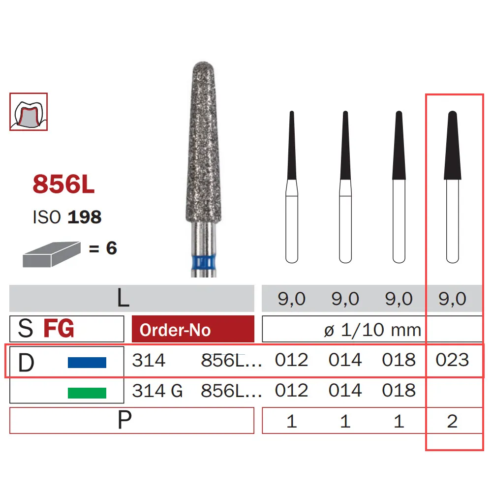 Diamond Bur, FG 023, Medium, Long Cone Round End ISO #198