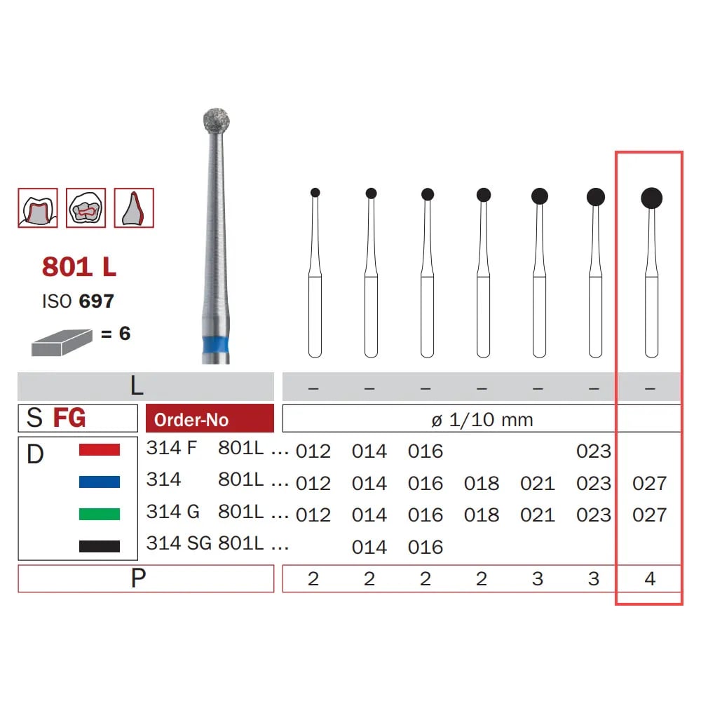 Diamond Bur, FG 027, Medium, Long Neck Round ISO #697