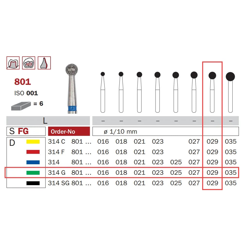 Diamond Bur, FG 029, Coarse, Round ISO #001