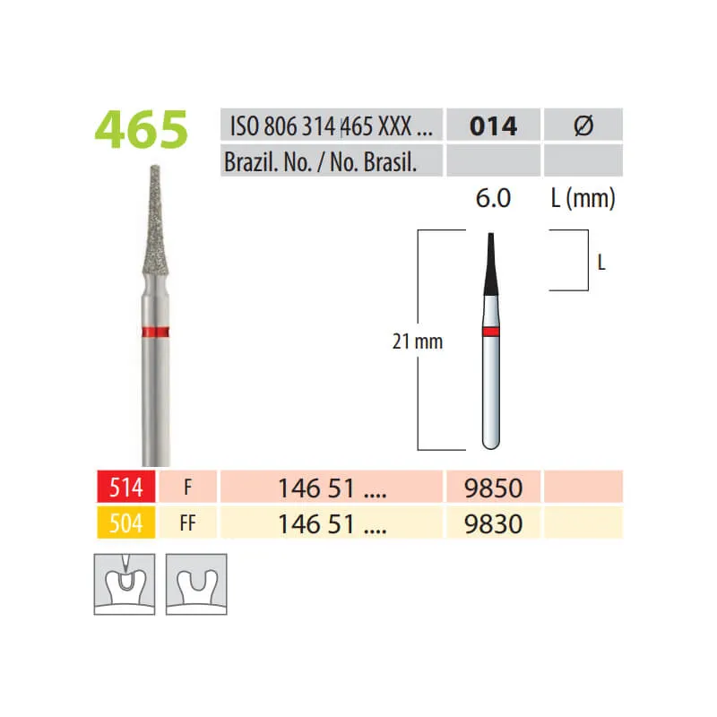 Diamond Burs, Cone Flat End, FG 465-014, X-Fine