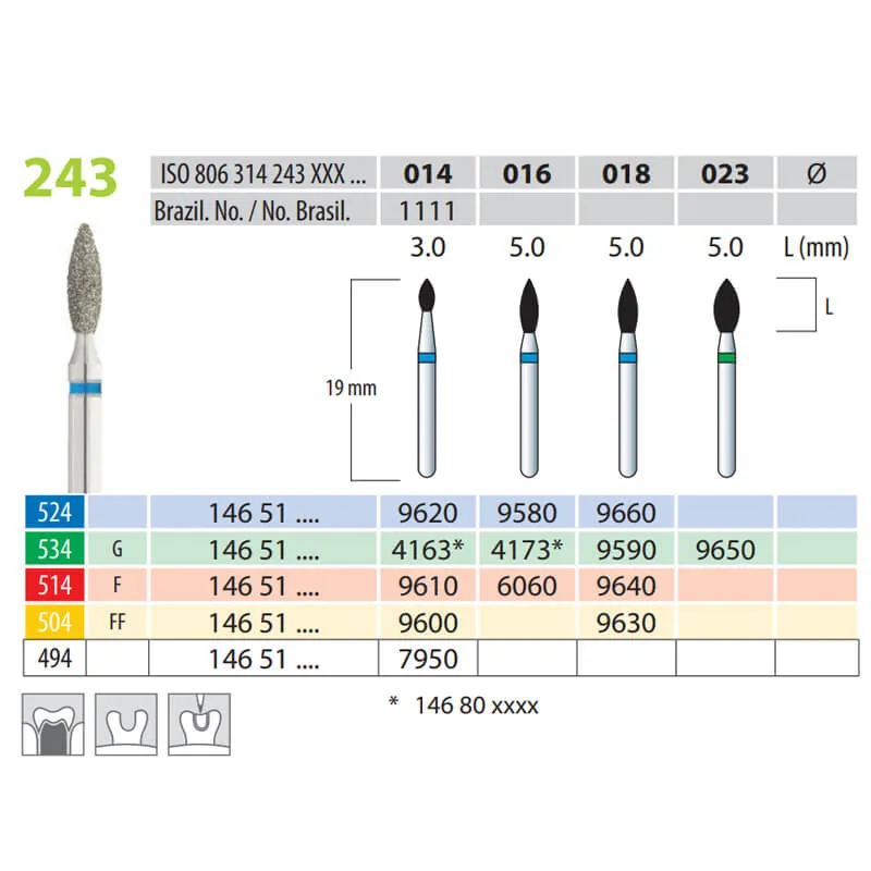 Diamond Burs, Flame, FG 243-014, X-Fine