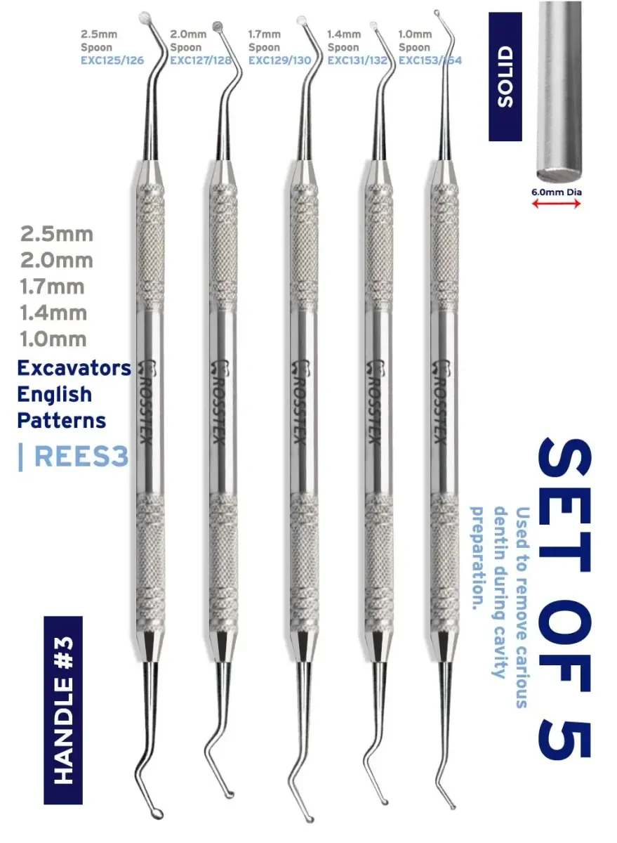 Dental Excavator Set, English Excavators, 5 Pcs, Handle No. 3