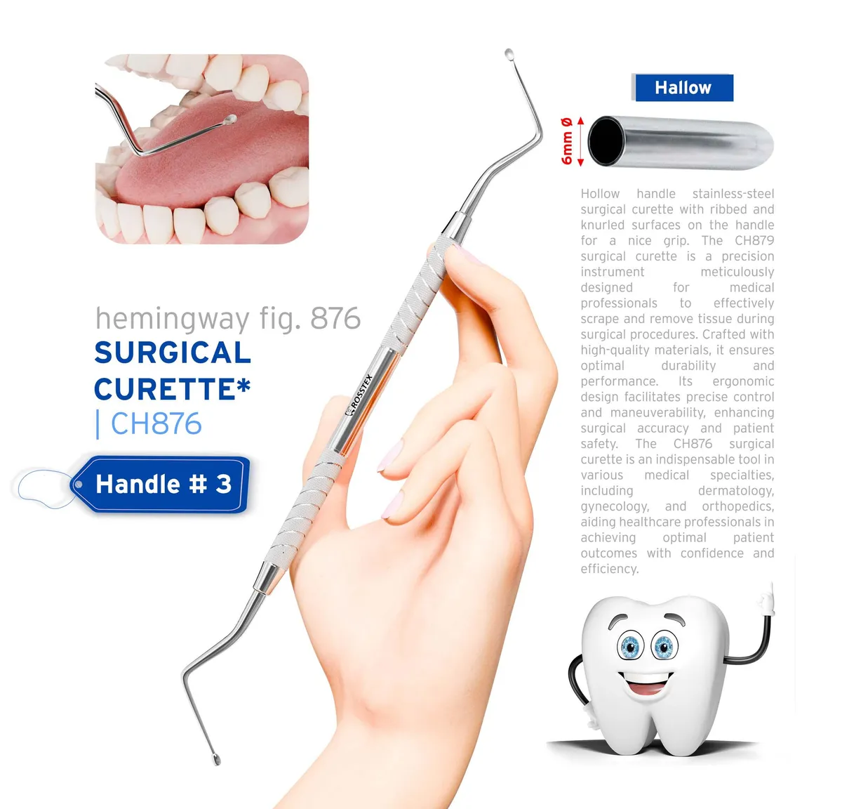 Dental Surgical Curette Hemingway 876, Handle No. 3