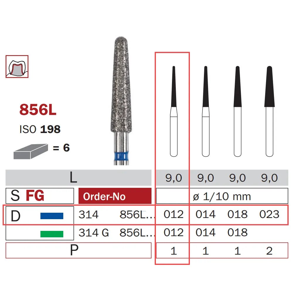 Diamond Bur, FG 012, Medium, Long Cone Round End ISO #198