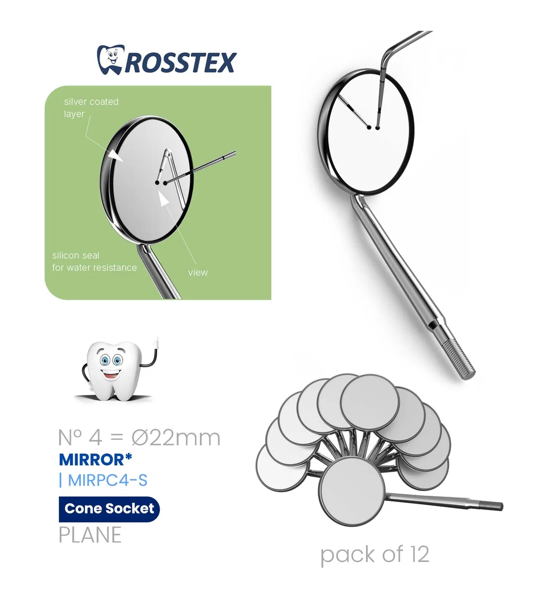 Dental Mirror #4, Front Surface, Cone Socket, Single Side