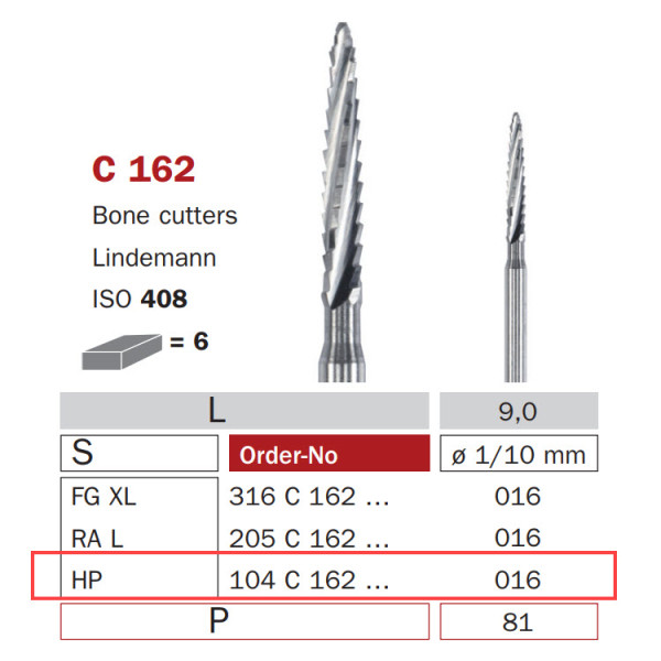 Surgical Carbide Bur, HP 016, Bone Cutter (Kindemann Type) - DIASWISS - 104C162016