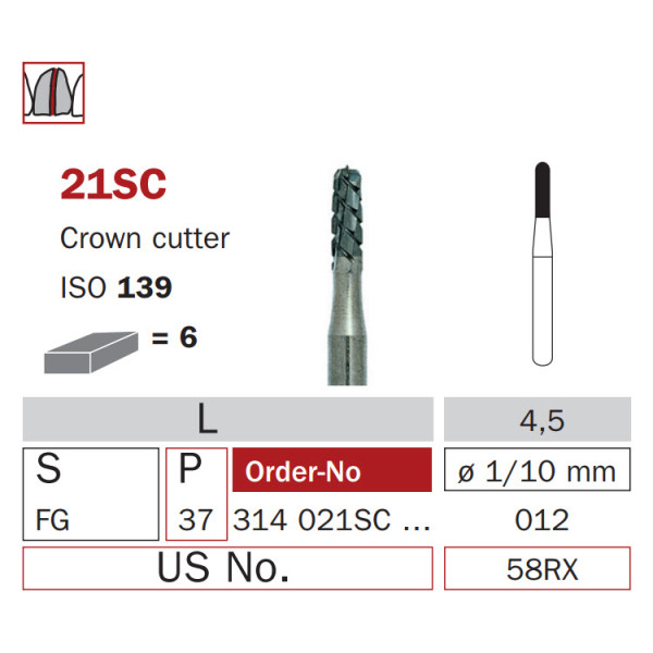 High Speed Carbide Crown Cutter Bur, FG 012, ISO #139 - DIASWISS - 314021SC012