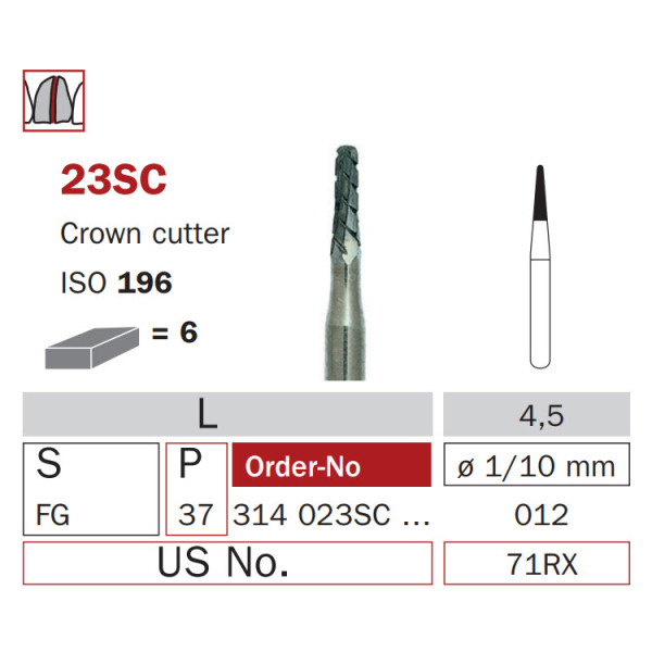 High Speed Carbide Crown Cutter Bur, FG 012, ISO #196 - DIASWISS - 314023SC012