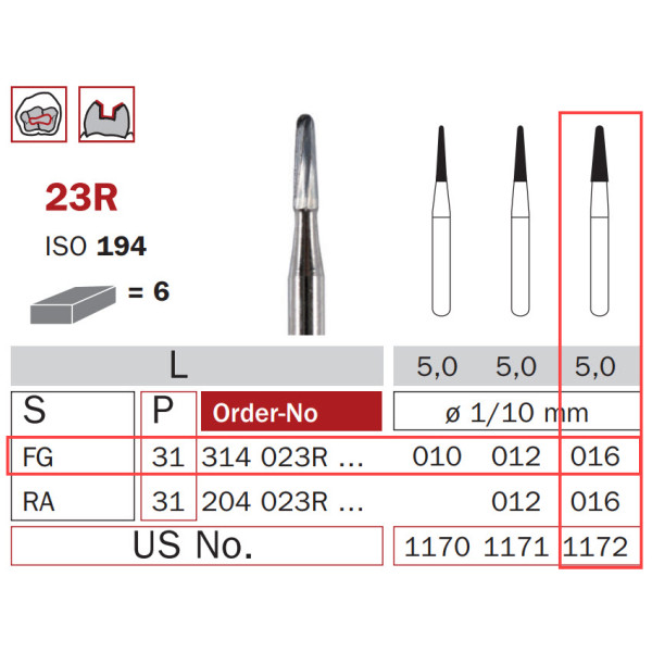 Carbide Bur, FG 016, Cone Round End ISO #194 - DIASWISS - 31423R016