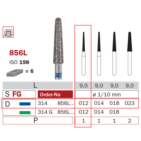 Diamond Bur, FG 012, Medium, Long Cone Round End ISO #198 - DIASWISS - 314856L012